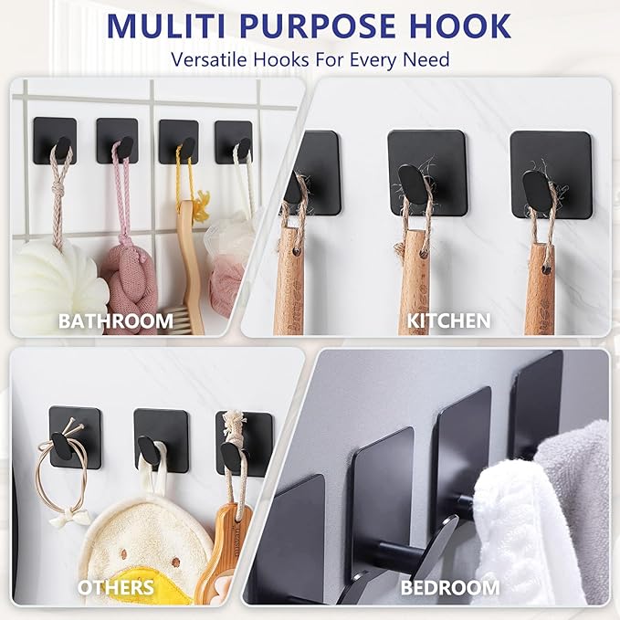 Stainless Steel Adhesive Hooks Black - 304 Metal Wall Hooks Hanger for Hanging Towel Coat Hat Shower Hooks, Robe Hook Rack Stick on Toliet Bathroom Bedroom Office or Kitchen Wall Mount (4 Packs)