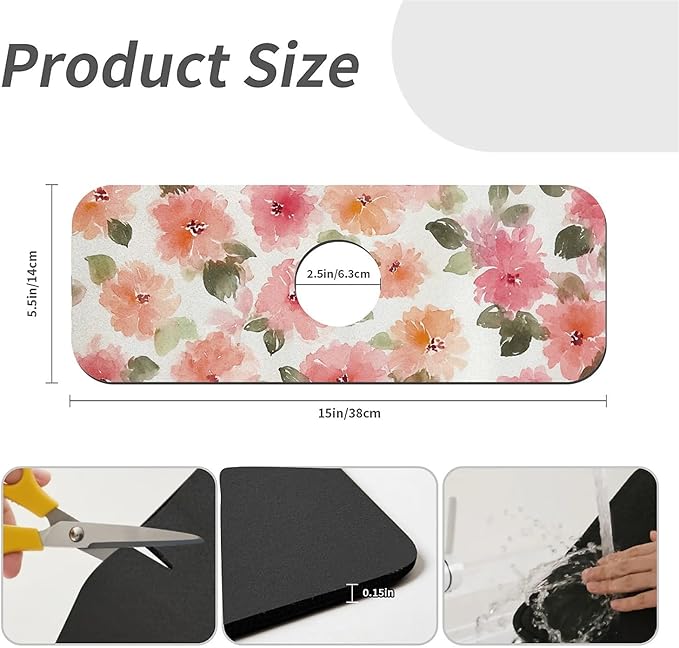 Kitchen Sink Splash Guard，Soft watercolor flowers Faucet Mat Sink Gadgets-Super Absorbent Fast Drying Mat Drip Catcher for Kitchen, Bathroom,Sink Mat, Dish Drying Mat, Bathroom(15" X 5.5" )