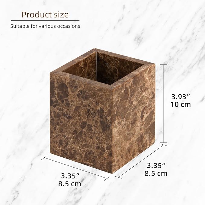Natural Marble Toothbrush Holder for Bathroom Countertop (8.5x8.5x10cm) - Multifunctional Organizer for Makeup Brushes, Vanity Accessories & Utensils Sink (1, Dark Brown)