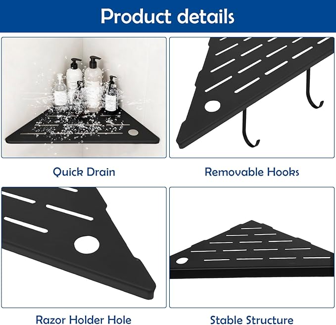 10" Corner Shower Shelves,Shower Corner Shelves Organizer Shelf for Tiled Wall 2 Packaging,SUS304 Stainless Steel Slot Design Tile Shower Shelves with 2 Hooks Matte Black