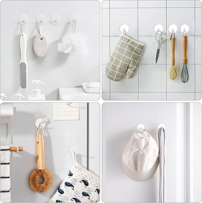 VIS'V Adhesive Hooks, Small Metal Shower Wall Stick on Hooks, Waterproof, 2 Extra Adhesive Strips, Round, White, 4 Pcs