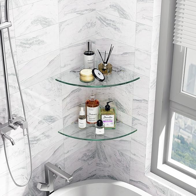 4 Pack Glass Corner Shower Shelf Bathroom Corner Shelves Wall Mounted Tempered Glass Shower Caddy Corner Shelf for Inside Tile Shower Organizer Shampoo Bottle Holder 9.4" R