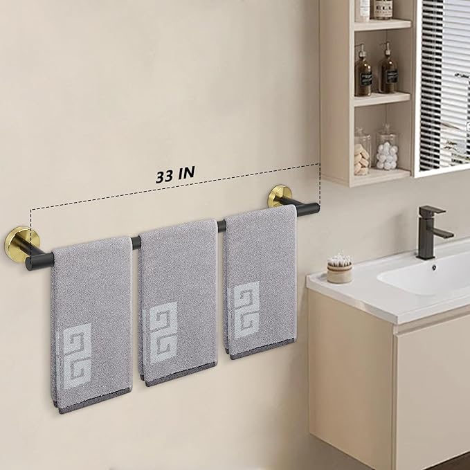 NearMoon Bath Towel Bar, Thicken Stainless Steel Shower Towel Rack Holder Wall Mounted for Bathroom, 33-lnch Overall Length-30-lnch Usable Hanging Space (1 Pack, Matte Black & Gold)