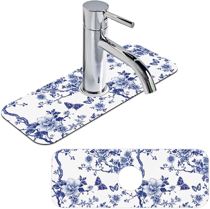 Blue Floral Sink Faucet Mat, Absorbent Elegant Chinese Style Kitchen Faucet Mat, Sink Splash Guard, for Bathroom Kitchen Sink Splash Guard Drying Mat 15.4"x5.7"