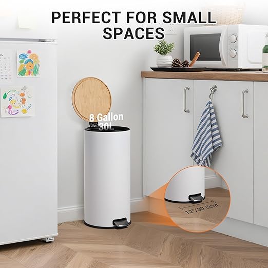 GarveeHome 8 Gallon Step Trash Can with Soft-Close Bamboo Lid, Stainless Steel Garbage Can with Removable Inner Bucket, 30L Round Trash Bin, Perfect for Kitchen, Bathroom, Living Room, White