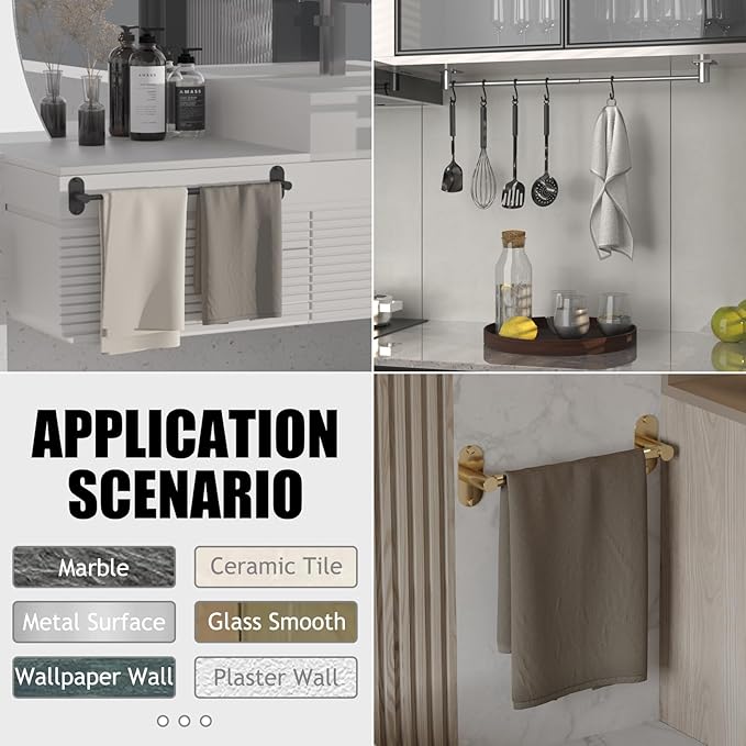 Towel Bar, Adjustable 14.4inch - 25.2inch Towel Rack, Self Adhesive & Wall Mounted for Bathroom Kitchen Hand Towel Holder Cloths Hanger SUS 304 Stainless Steel Single Bar (4, Chrome)