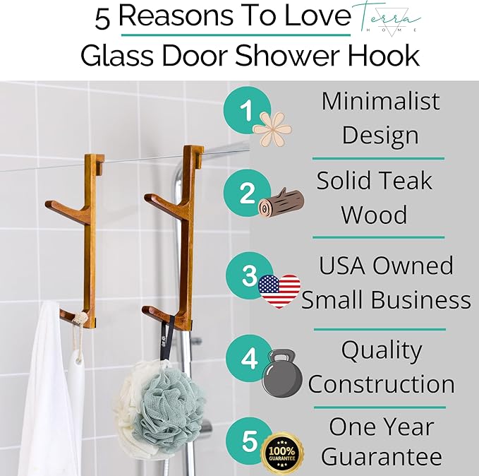 Towel Hooks for Shower Glass Door - Natural Wood, Heavy Duty, Moisture Proof, Large Hooks - Shower Door Towel Hook - No Drill Bathroom Organizer