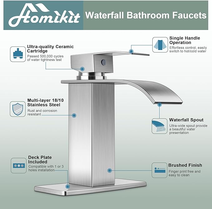 Waterfall Bathroom Faucet 3 Hole, Homikit 18/10 Stainless Steel Brushed Nickel Single Handle Bathroom Sink Faucets Set for Sink 1 or 3 Hole for RV Vanity with Drain, Hooks, Deck Plate, Hoses