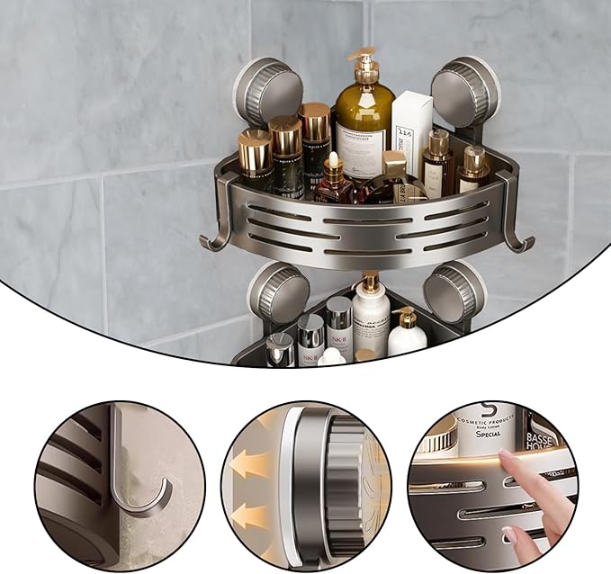2-Tier Suction Cup Shower Caddy,No Drilling Required,Shower Suction Shelf,For Kitchen, Bathroom,Storage Rack With 8 Hooks And 1 Towel Bar Gray