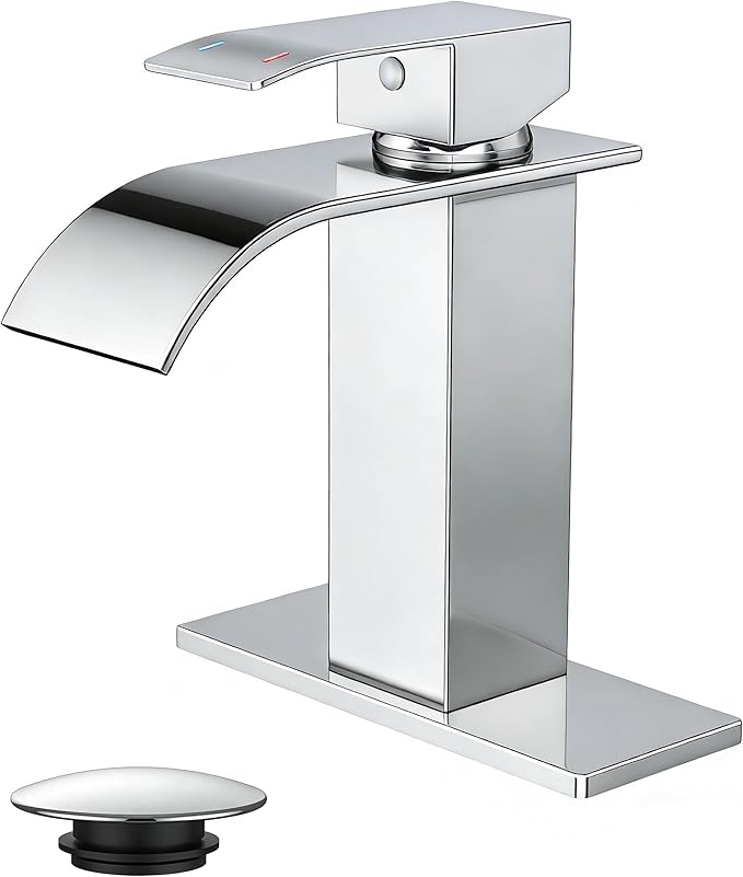 FORIOUS Chrome Waterfall Bathroom Faucets 1 or 3 Hole, Vanity Single Bathroom Sink Faucet with cUPC Supply Line and Pop Up Drain, Suitable for Basin, Rv, Restroom Sink