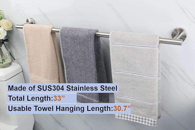 33 Inch Towel Bar 2 Pack for Bathroom 9/12/16/24/28/33 Inch Kitchen Hand Towel Holder Brushed Nickel Stainless Steel 304 RUSTPROOF Wall Mount Towel Rod 2 of Pack (2, Brushed Nickel, 33 Inch)