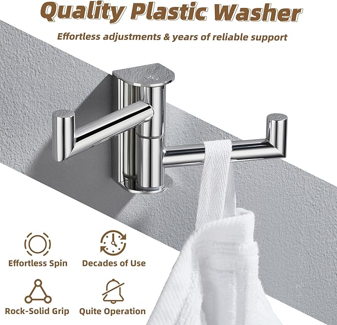 APLusee Double Swivel Towel Hook Wall Mounted, 304 Stainless Steel Folding Coat Hook with 2 Rotating Arms, Polished Chrome
