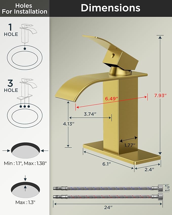 FORIOUS Brushed Gold Waterfall Bathroom Faucets 1 or 3 Hole, Vanity Single Bathroom Sink Faucet with cUPC Supply Line and Pop Up Drain, Suitable for Basin, Rv, Restroom Sink