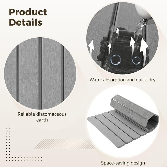 Extra Large Diatomaceous Earth Stone Dish Drying Mat with Anti-Slip Mesh and Dishcloth - Absorbent Quick Dry Drying Mat, Foldable Drying Mat with Grooves for Dishes Cups, 28 x 16 in