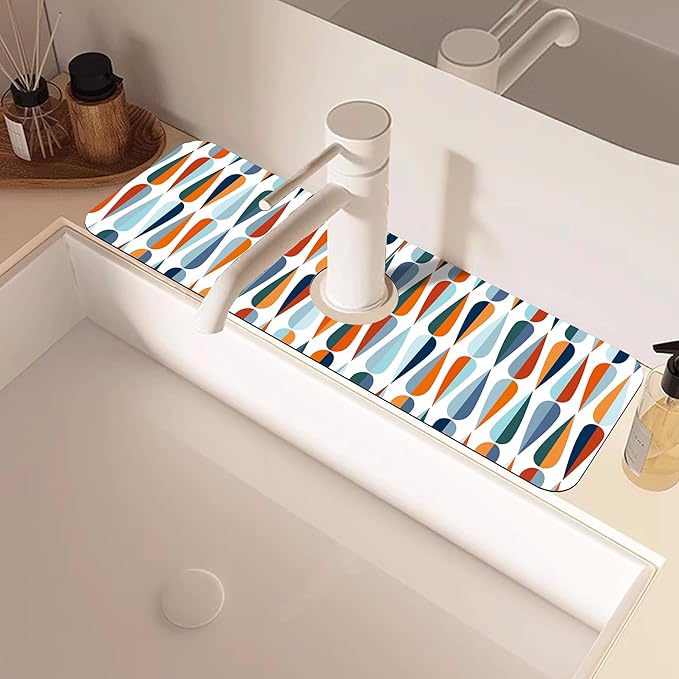 Mid-Century Drop Shapes Kitchen Sink Splash Guard Mat Absorbent Fast Drying Mat Faucet Draining Mat Sink Splash Guard Behind Faucet Drip Catcher for Kitchen Bathroom 5.5"×15"