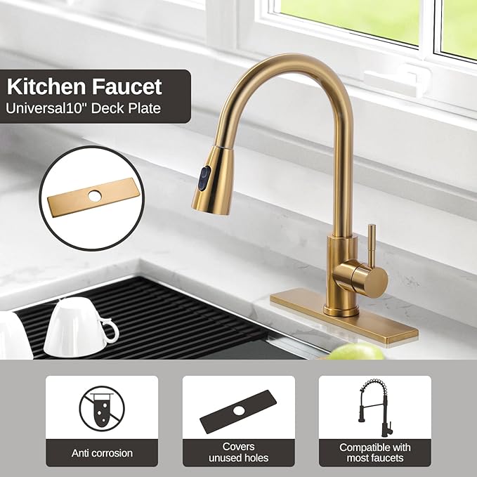 10" Sink Faucet Hole Cover Deck Plate for Bathroom & Kitchen Vanity Sink, Gold Escutcheon Plate Stainless Steel Outside Faucet Cover Cap Rectangle Mixer Tap