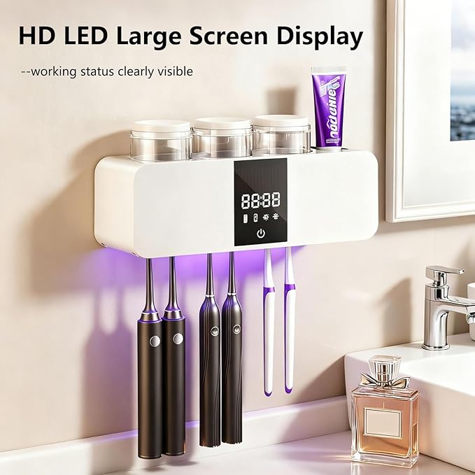 Toothbrush Cleaner Holder, Wall Mounted Tooth Brushing Holder with 3 Cups,No-Drill Installation for Family Home Bathroom Organizer