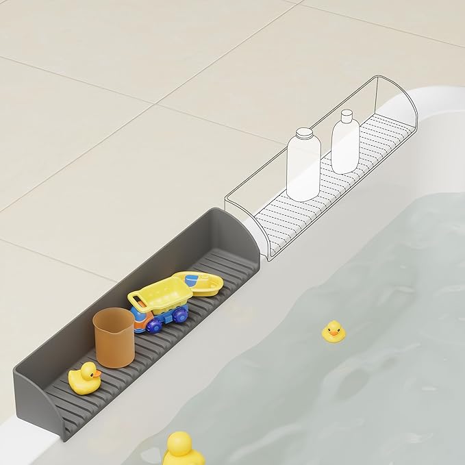 2 Pack Splash Guard for Bathtub & Sink - Silicone Kids Bath Splash Guard Shelf, Bath Toy Tray Holder, Tub Water Splash Guard with 4 Suction Cups, Bathroom Accessories for Children, Toddler Bath, Grey