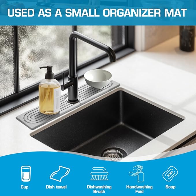 Light Gray-Rectangle 15.7" Diatomite Faucet Mat Fast-Drying Stone Sink Tray Splash Guard for Kitchen Bathroom Sink|Ultra Absorbent Countertop Protector with Smoothing Tool Multiple