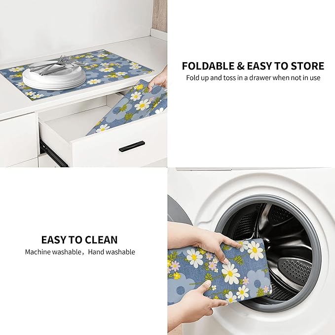 Daisy Flowers Dish Drying Mat for Kitchen Counter, 18"x24" Microfiber Absorbent Fast Dry Mat, 2Pcs Dish Mat Faucet Mats Sets, Large Drying Kitchen Mat Kitchen Drying Pad Coffee Bar Decor Gifts