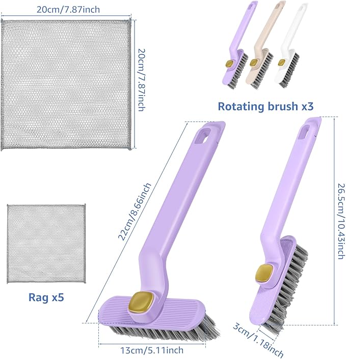 3Pcs Rotating Crevice Cleaning Brush with 5 Rags Multifunctional Gap Cleaning Brush Small Scrub Brush for Cleaning Sink Scrub Brush Bathroom Kitchen Edge Corner Window Track Cleaning Brush