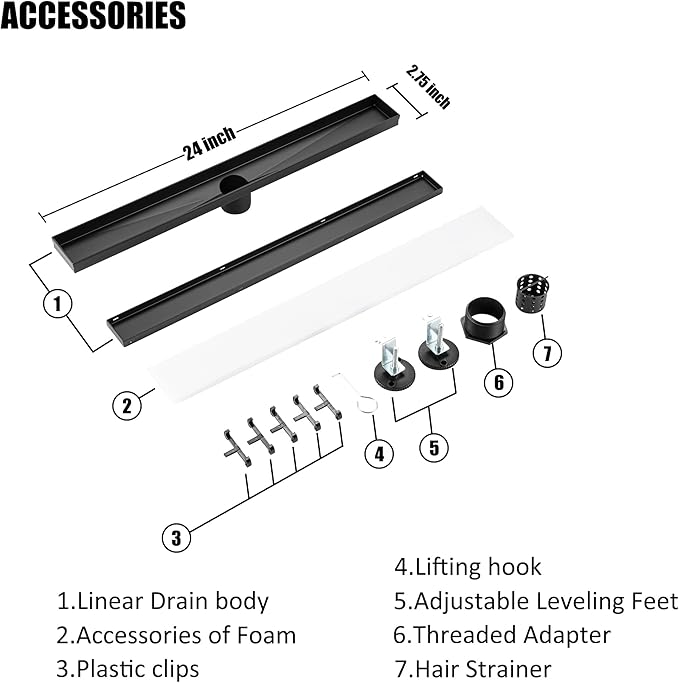 24 inch Linear Shower Drain with Removable Square Hole Panel by Using 304 Stainless Steel Process, Linear Drain Equipped with Adjustable Feet and Hair Strainer（Matte Black Color）
