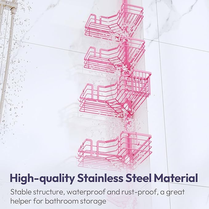 SWTYMIKI Shower Caddy Tension Pole - 4-Tier Corner Shower Organizer Tension Rod with Soap Holder, Toothbrush Holder & 4 Hooks, Adjustable Stainless Steel Bathroom Organizer 27.6 to 108.3 inch, Pink