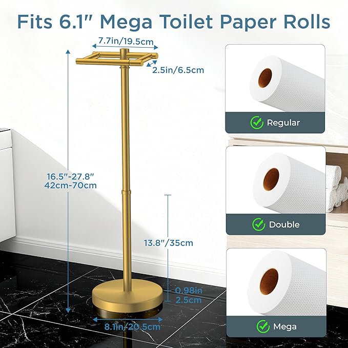 Toilet Paper Holder Stand Adjustable, Freestanding Tissue Roll Holder for Bathroom, Pivoting Design, Durable SUS 304 Stainless Steel and Weighted Base Toilet Paper Stand, Storage (Brushed Gold)