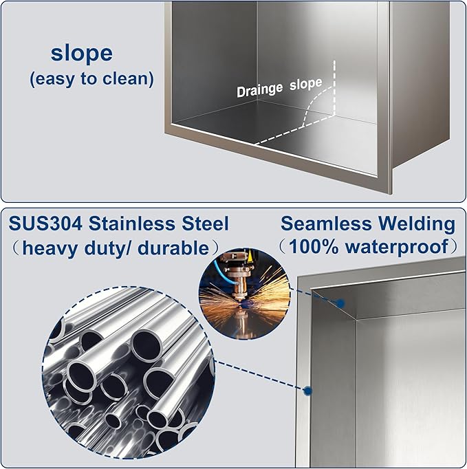 Neodrain Recessed Shower Niche Shelf Stainless Bathroom Cabinet Shelf, Inner Size 24" X 12" X 4", Brushed Nickel Wall Niche Bathroom Cubby Storage