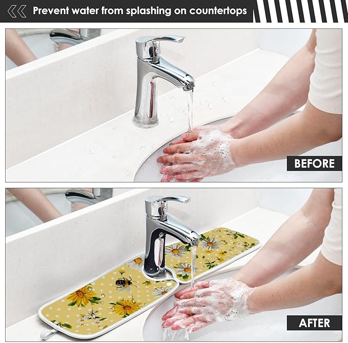 2 PCS Kitchen Sink Splash Guard 30 Inch Faucet Mat for Kitchen Sink Bathroom Sink Faucet Absorbing Drip Drain Mat Pad Microfiber Soft Washable Yellow and Green Daisy Bees