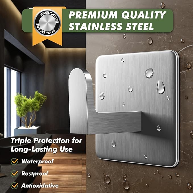 Auxmir Adhesive Hooks 15lb(Max) Towel Hooks, 5 Pack No Drilling Damage Free Wall Hooks, Thicken SUS304 Stainless Steel for Coat Robe, Waterproof Oilproof Rustproof for Bathroom Kitchen Office, Silver