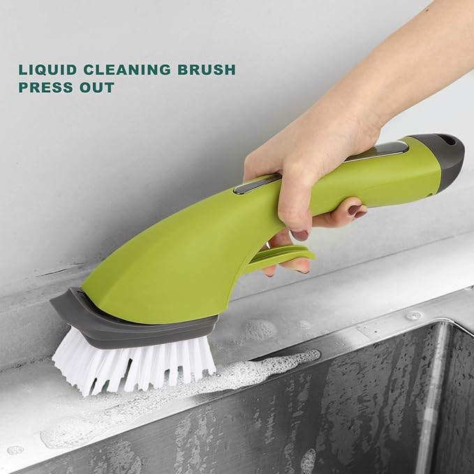 Soap Dispensing Dish Brush, 3-in-1 Heavy Duty Kitchen Scrub Brush with Built-in Soap Dispenser Fillable Reservoir Bathroom Scrubber Grout Cleaning Long Handle for Sink Bathtub