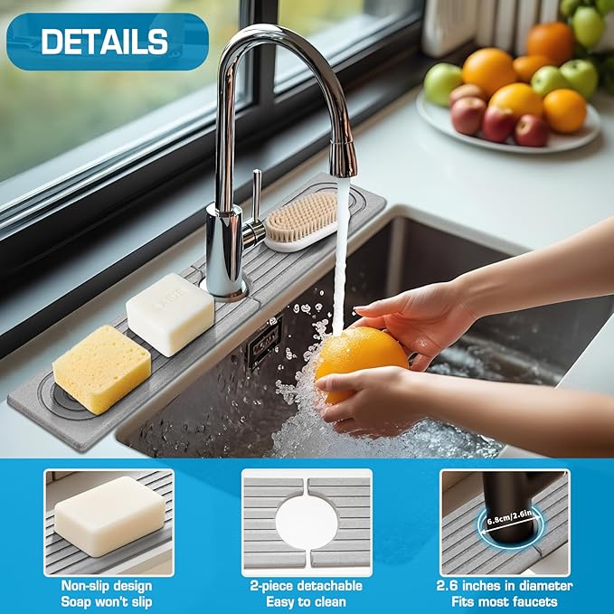 Light Gray-Rectangle 23.6" Diatomite Faucet Mat Fast-Drying Stone Sink Tray Splash Guard for Kitchen&Bathroom Sink|Ultra Absorbent Countertop Protector with Smoothing Tool Multiple