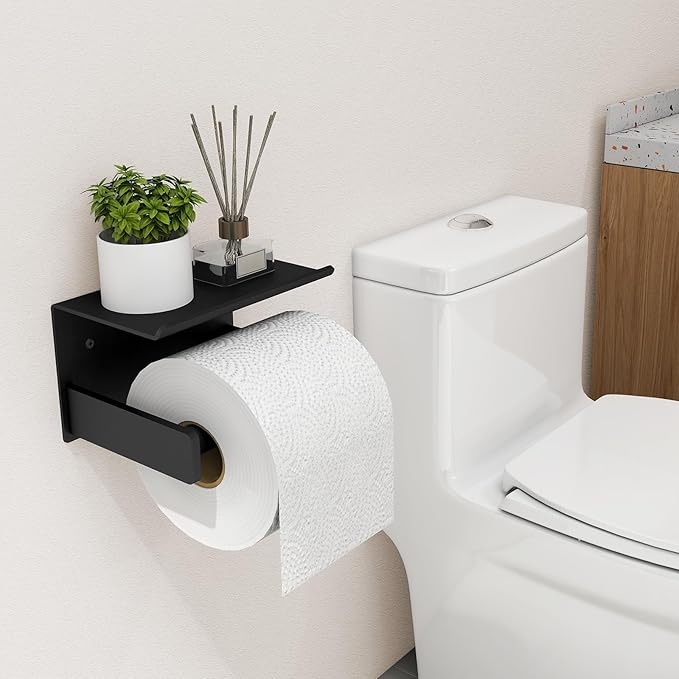 Toilet Paper Holder with Shelf Wall Mount, Self Adhesive or Screw in, Tissue Holder for Bathroom Washroom RV with Spring Rod, Matte Black