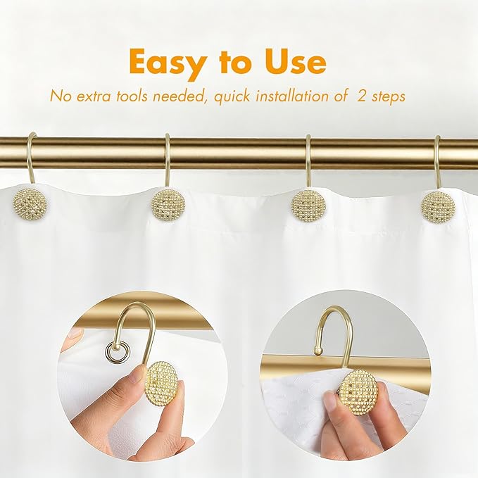 Pearlbee Gold Shower Curtain Hooks, Rustproof Shower Curtain Rings for Bathroom, Metal Shower Hooks for Shower Curtain Rod, Modern Decorative Shower Curtain Hangers Set of 12, Round Heavy Duty Design