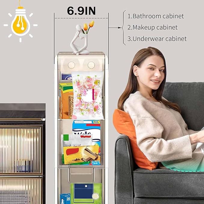 Plastic Bathroom Storage Cabinet Narrow Slim Gap Floor Organizer Side Unit Rolling Waterproof Toilet Paper Holder with Drawers and Handle for Small Kitchen Laundry, 2 Layers