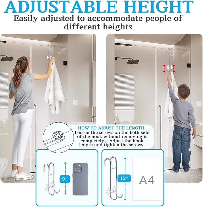 Shower Door Towel Hooks (2-Pack), 9"~13" Length Adjustable Hook for Framed & Frameless Over The Door Glass, Squeegee Holder, Towels Hanger for Bath Suits Rozer Robes Loofahs Shavers, Silver