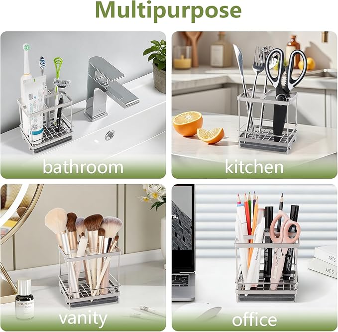 Stainless Steel Toothbrush Holders for Bathrooms, 5 Slots Kids Electric Tooth Brush and Toothpaste Organizer for Countertop, Shower, Vanity, Sliver