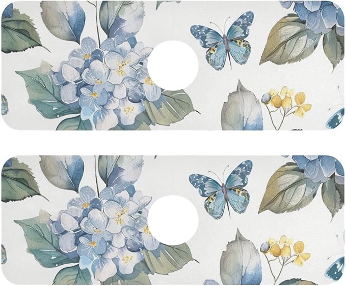 Blue Hydrangea Butterfly Kitchen Sink Splash Guard Faucet Mat Diatomite Absorbent Pad for Bathroom RV 30x5.4in 2PCS water