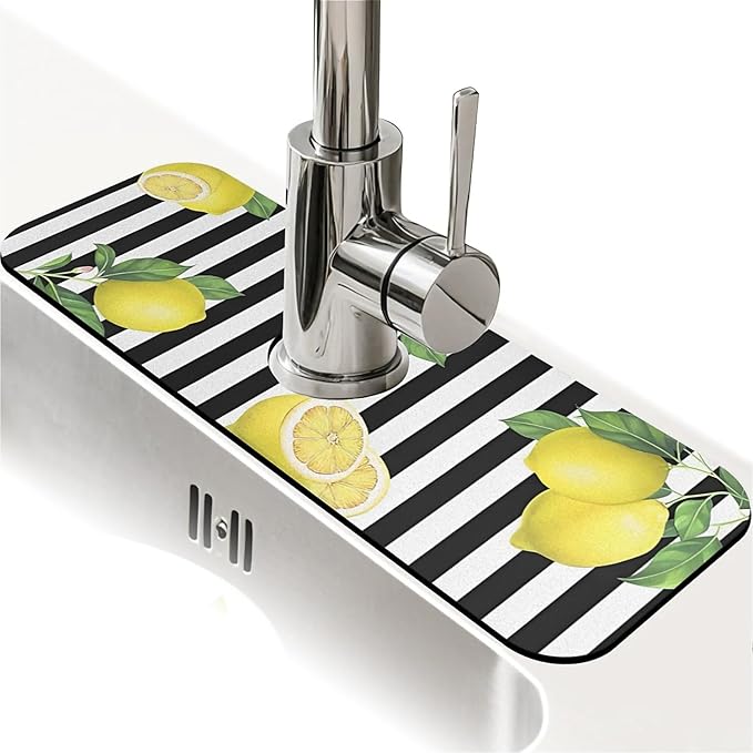 Kitchen Sink Splash Guard，Lemon-and stripes Faucet Mat Sink Gadgets-Super Absorbent Fast Drying Mat Drip Catcher for Kitchen, Bathroom,Sink Mat, Dish Drying Mat, Bathroom(15" X 5.5" )