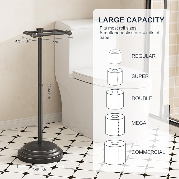 Bathroom Toilet Paper Holder Stand, Oil Rubbed Bronze Toilet Paper Holder Free Standing, Stainless Steel Pivoting Toilet Tissue Roll Holder，Adjustable Height (14 to 24 Inch) Paper Holder