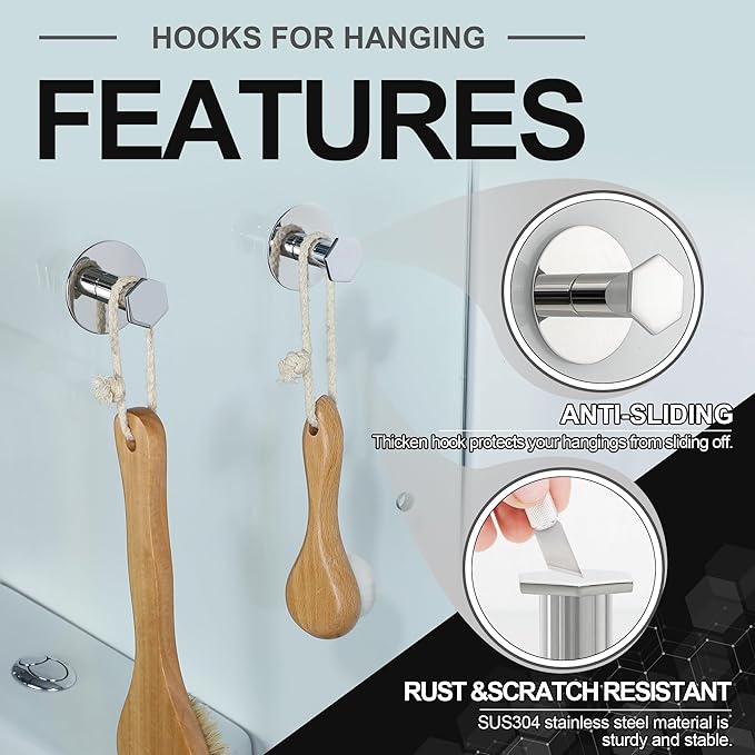 SAYAYO Adhesive Hooks for Hanging Coat, Hat, Robe, Brushes, Stick on Towel Hooks for Bathroom Kitchen, Waterproof SUS304 Stainless Steel Sticky Wall Hooks, No Nails, 4 Pack, Chrome