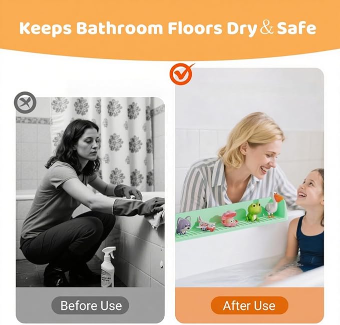 Bathtub Splash Guard for Kids - 2.6 Ft Length with Toy Tray & 11 Strong Suction Cups, Silicone Splash Guard for Easy Clean & Fold,Universal for Tubs,Bathroom & Kitchen Sinks