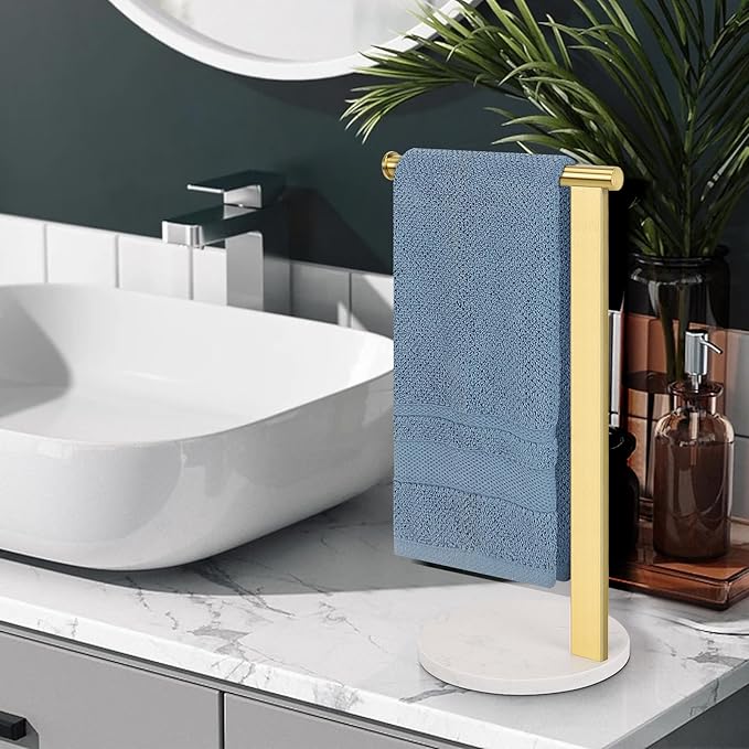 Stainless Steel L-Shaped Hand Towel Holder, SUS304 Bathroom Towel Rack with Thickened Base for Countertop Vanity (Gold)