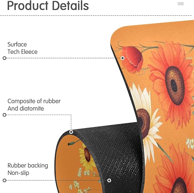 Cartoon Orange Sunflowers Poppy Kitchen Sink Splash Guard Faucet Mat Diatomite Absorbent Pad for Bathroom RV 14.7x5.4in 1PCS water
