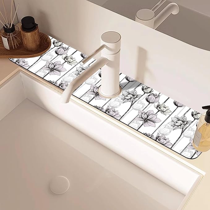 Water Lily Flower Kitchen Sink Splash Guard Mat Absorbent Fast Drying Mat Faucet Draining Mat Sink Splash Guard Behind Faucet Drip Catcher for Kitchen Bathroom 5.5"×24"