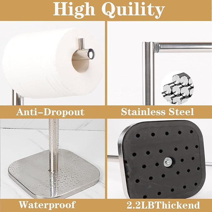 Toilet Paper Holder Stand, Free Standing Tissue Paper Storage for Bathroom, Stainless Steel Toilet Paper Stand with Reserve for 5Roll Weighted Base Bathroom Toilet Roll Holder(Brushed Nickel)