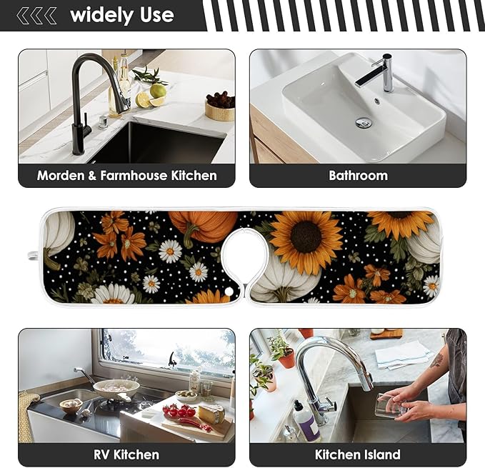 2 PCS Kitchen Sink Splash Guard 14.9 Inch Faucet Mat for Kitchen Sink Bathroom Sink Faucet Absorbing Drip Drain Mat Pad Microfiber Soft Washable Black Autumn Pumpkins Flowers Maples