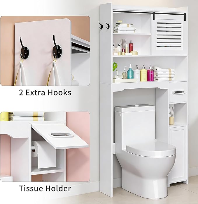 Over The Toilet Storage Cabinet, Bathroom Storage Cabinet Organizer, Above Toilet Rack with Door and Adjustable Shelves, Space Saver for Restroom, Laundry (White Left Side)