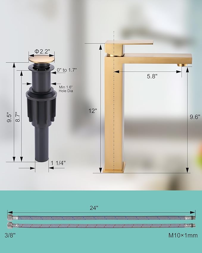 ARCORA Vessel Sink Faucet Brushed Gold, Single Handle Tall Bathroom Faucet, Single Hole Lavatory Vanity Mixer Tap with Pop Up Drain and Supply Lines